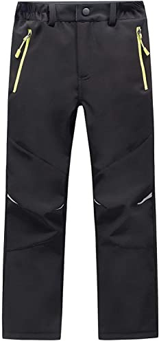 Waterproof Trousers Kids Softshell Pants with Fleece Lined Boys Girls Outdoor Hiking Trouser for Winter Black