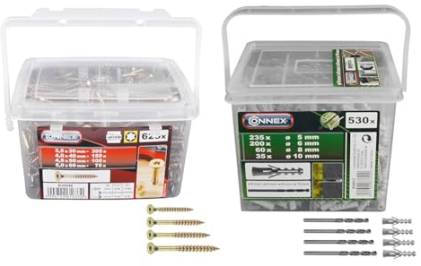 Connex Universalschrauben-Sortiment 625-teilig - Diverse Größen & Dübel-Sortiment 530-teilig - Polypropylen - Diverse Größen im Set (Ø 5/6 / 8/10 mm)