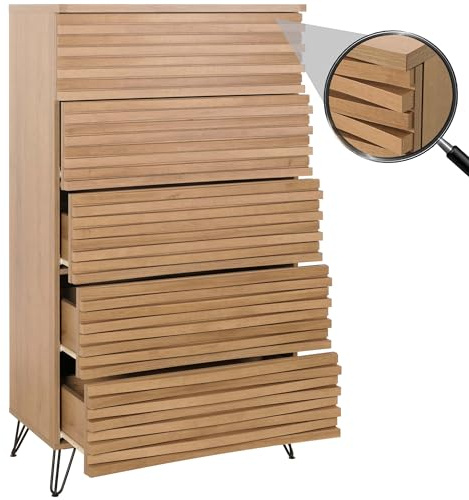Mendler Kommode HWC-M49 145x80x44cm MDF - Natur | Highboard, Schrank, 3D-Design, 5 Schubladen, Metall