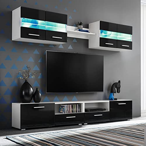 Homgoday Ensemble mural équipé avec lumières LED 5 pièces noir brillant, meuble, table pour TV, meuble TV salon, meuble bas pour TV de salon industriel, support TV