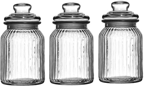 Hyper Mart Vintage Transparent Ribbed Glass Storage Jars Tea,Sugar,Coffee Sweetie, Biscuit, Cookie, Kitchen Jar with Airtight Lid (Ribbed Storage Jar, 1300 ml - Set of 3)