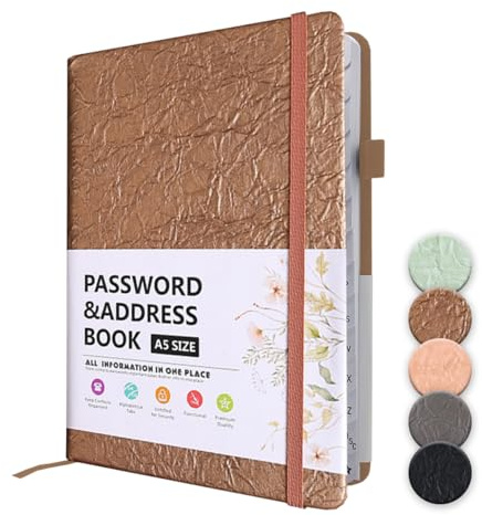 WWYSSZ Passwortbuch mit Alphabetischen Tabs, Adressbuch B6 mit Register A-Z Passwörter Notizbuch Passwort Manager, Platz für 480 Passwörter, mit Stiftschlaufe, Innentasche,Gummiband (19*13 cm, Braun)