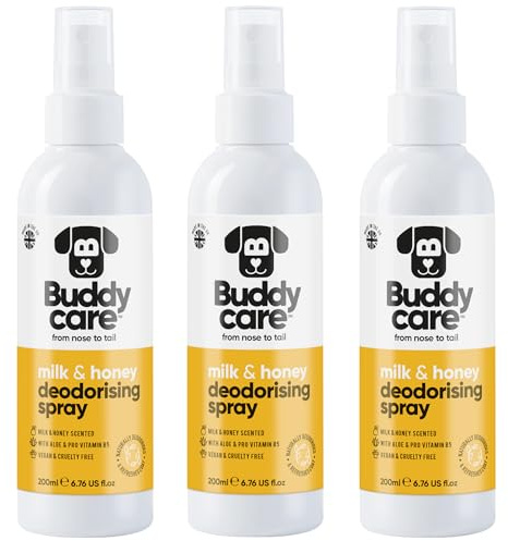 Buddycare hunddeodorantspray – deodorantspray för hundar – med aloe vera och Pro-vitamin B5 (mjölk och honung, 200 ml x3)