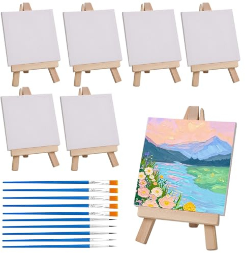 6 Set Mini Easel with Canvas and 10 Paint Brushes, 10x10cm Pre-Stretched and Primed Art Boards for Table Top Arts