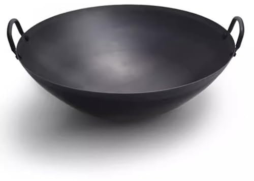 QTQHOME Wok en fonte fait main avec poignées, grande casserole chinoise, poêle à frire pour cuisine, camping, camping-car (36 cm, noir)