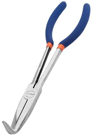 WISEPRO Spitzzange mit langer Reichweite,279 mm Lange,gebogene, mit gezackten Zähnen,Langnasenzange für enge & schwer zugängliche Bereiche,mit rutschfestem Griff(90-Grad-Winkel)