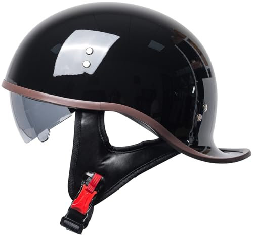 Retrò Adulto Caschi Moto Casco Scodella Portatile, DOT/ECE Omologato Mezzo Elmetto Da Moto, Caschi Jet Con Visiera Parasole, Donna E Uomo Moto Mezzo Casco Per Cruiser Scooter 1,L=59-60CM
