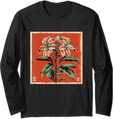 Lys araignée rouge rétro japonais floral vintage fleurs japonaises Manche Longue