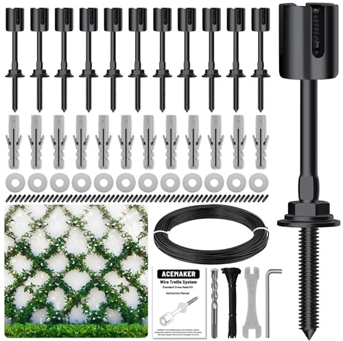 Acemaker Treillis métallique pour plantes grimpantes d'extérieur, kit de treillis mural en acier inoxydable T316 noir (12 moyeux + câble de 16,2 m)