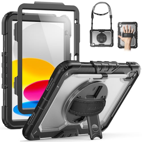 SEYMAC Coque pour iPad (A16)11ème/10ème Génération 2025/2022 11/10.9 Pouces | Étui Antichoc avec Protection D'écran, Support Rotatif à 360°, Porte-Crayon, Bandoulière, Transparent/Noir
