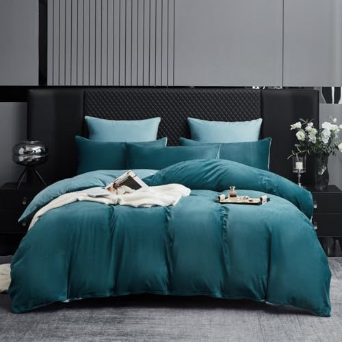 Gezu Biancheria da letto calda 200 x 220 cm, colore blu petrolio, invernale, in pile di cashmere, in pile di cashmere, soffice, caldo, in velluto, copripiumino 200 x 220 cm, con 2 federe 80 x 80 cm