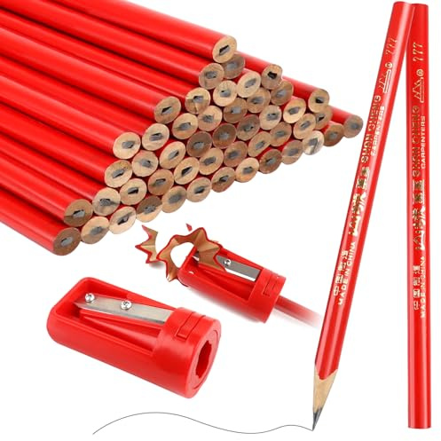 ROTKUSZ 50 Stk Zimmermannsbleistifte, Rot Bleistift Baustelle 175 mm, Zimmermann Baustift mit Bleistiftanspitzer, Tischler Bleistifte Set, für Handwerker Werkstatt Schreiner Markierungswerkzeug