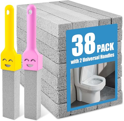 38 Pack Pumice Stone with 2 Handles, Toilet Bowl Cleaner Ring Remover, Pumice Stone for Toilet Cleaning, Bathtub, Grill, Pool, Sinks, Stove Grates - Reusable Scouring Stones Cleaner