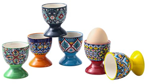 HENXFEN LEAD Eierbecher Porzellan, 6 Stück Bunte Eierhalter für weich und hart gekochte Eier, Bohemian-Floral-Design in 6 kräftigen Farben
