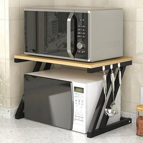 Robusto supporto per microonde a 2 livelli, salvaspazio in legno, organizer e mensola da cucina per piano di lavoro per microonde, tostapane e decorazione della cucina