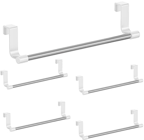 ZSUIQIN 5 Piezas Toallero Para Puerta, para Armarios de Cocina y Baños | Acero al carbono y ABS, 23×4×6cm, impermeable y antioxidante, sin taladrar, para paños de cocina & guantes (Plata+Blanco)