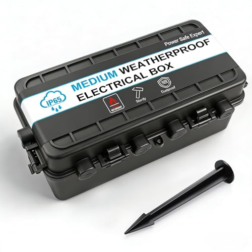 IP65 Wasserdichte Medium Outdoor Kabelbox(26,3 x 13,5 x 9,8 cm), 6 Kabeleingang Wasserdichte Anschlusskästen mit Bodenankern für Steckdosenleisten, Timerschaltuhren und Gartendeko, Schwarz
