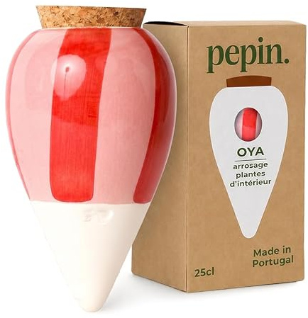 Pepin | Olla Terre Cuite à Planter | Arrosage Automatique et Ecologique pour Plante d'Intérieur et d'Extérieur | Irrigation Naturelle | Autonomie d'Environ 1 Semaine | OYA rayé Rose/Rouge 25cl