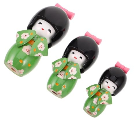 ELAYARD Muñeca Tradicional Japonesa de Madera 3 Piezas Conjunto Miniatura Kimono Verde Claro Motivos de Ciruelo Adorno Decorativo para Hogar Oficina Colección Japonesa