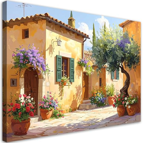 Feeby Bild auf Leinwand - Wandbilder Wohnzimmer Aesthetic - Toskana Straßen Häuser - 115x75 1tlg - Schlafzimmer Wandekoration - Bilder Zimmer - Living Room - Deko Wandbilder - Moderne Bild