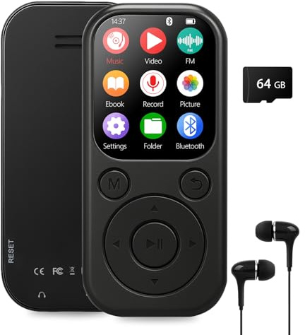 64GB MP3 Player mit Bluetooth 5.3 - MP3 & MP4 Player mit Kopfhörern und Lautsprecher, Tragbarer Musikplayer, FM-Radio, Sprachaufzeichnung, Erweiterbar auf 128GB