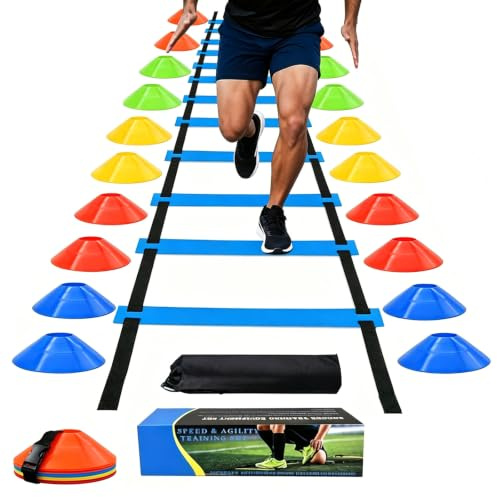 Koordinationsleiter - 6M Koordinationsleiter mit 20 Hütchen,Trainingsleiter | Geschwindigkeit Schnelligkeitsleiter Agility/Speed Ladder, 42 cm Breite, Hürden Trainieren Kraft, Ausdauer,Technik zuhause