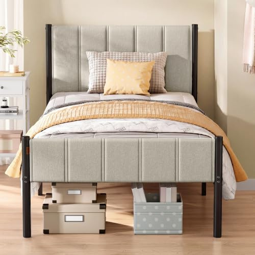 VASAGLE Single Bed Frame, Metal, with Upholstered Headboard, 90 x 190 cm | Bed Frame, 250 kg Weight Capacity, Easy Assembly, Cappuccino Beige, DUPON Collection RMB971LH01V1