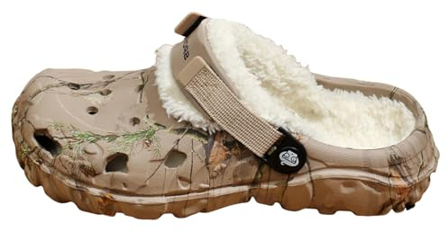 Clogs Mules for Men Women - Winter Warm Fur Lined Garden Shoes - Adjustable Heel Strap Thick Tire Sole - Indoor Outdoor Dual Purpose - House Slippers Garden Work Shoes Winter Warm Footwear Khaki