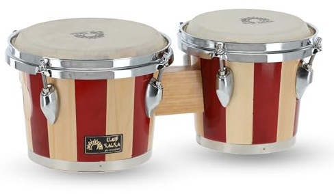 GEWA Set di Bongo 7 + 8,5 - Design retrò classico - Pelli naturali - hardware cromata - naturale/rosso a righe - 826000