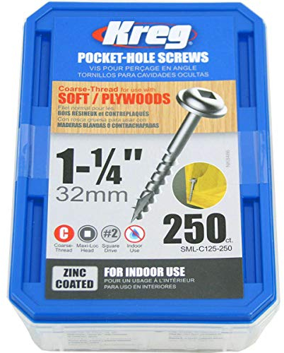 Kreg SML-C125-250 Zinc Pocket Screw - 1 1/4 Inch #8 Coarse Thread - Maxi-Loc Head - 250 Count