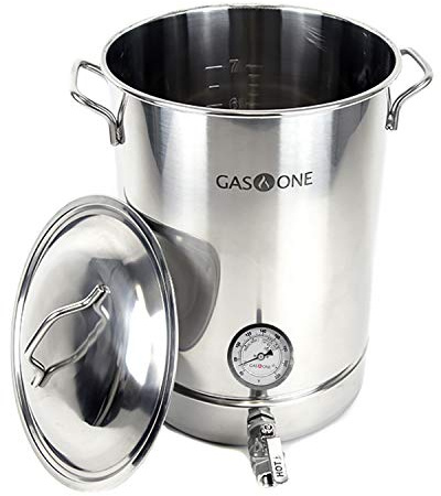 GasOne 8 Gallon Stainless Steel Home Brew Kettle Pot Pre Drilled 4 PC Set 32 Quart Tri Ply Bottom for Beer Brewing Includes Stainless Steel Lid, Thermometer, Ball Valve Spigot - Home Brewing Supplies