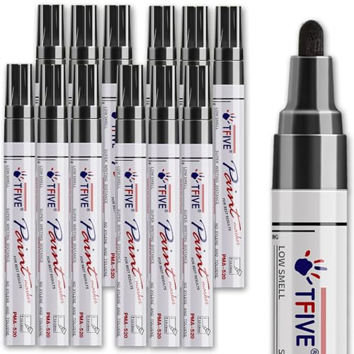 TFIVE Black Paint Pens Markers - 12 Pack Oil Based Permanent Marker, Medium Tip, Never Fade, Quick Dry, Waterproof Paint Pen for Rock Painting, Wood, Plastic, Canvas, Glass, Metal, Rubber
