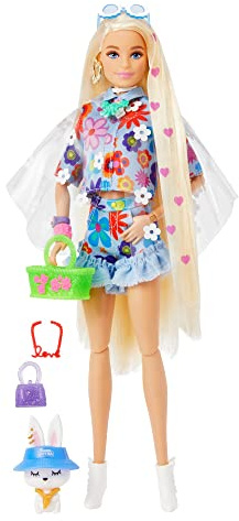 Barbie Poupée Extra n° 12 - Tenue à Fleurs et Figurine Lapin - Poupée Articulée - Longue Tresse Blonde à Cœurs - 15 Accessoires - Dès 3 Ans, HDJ45