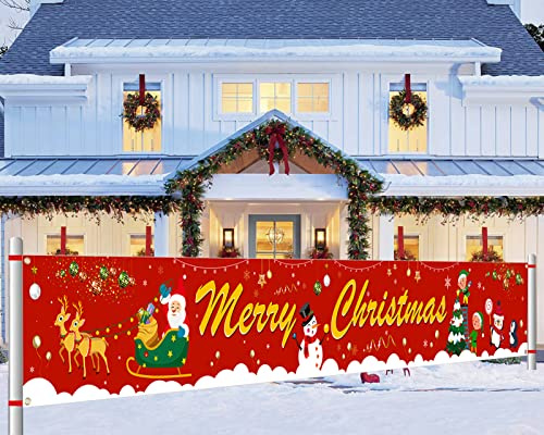 DPKOW Joyeux Noël Bannière Tissu Poster pour Noël Jardin Extérieur, Intérieur Maison, Table Mur Décoration, 270 * 35cm