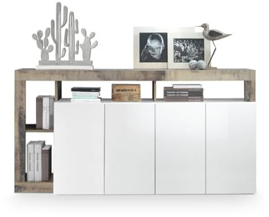 Vente-unique Buffet SEFRO - 4 Portes et 4 niches - Blanc laqué et chêne, Naturel Clair, Blanc