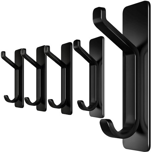 4smile Self Adhesive Hooks - 5 Pieces in Black - Extra Strong Stick on Hooks Heavy Duty - No Drilling Sticky for Hanging on Wall or Door for Heavy Duty, Coat Hanger