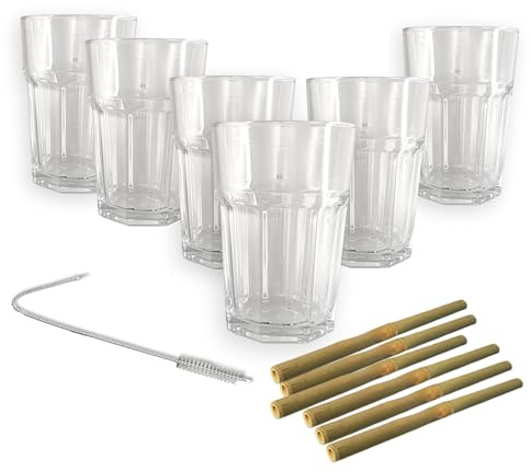 Lebrun Couverts - Coffret Mojito - 6 Verres Mojito - 6 Pailles Bambou - 1 Goupillon - Verre Cocktail - 36,5 cl - Kit Cocktail - Verre avec Paille Inclus - Paille Réutilisable