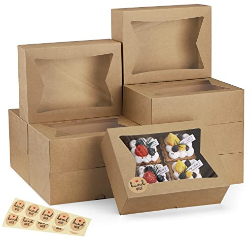 Eupako Cookie Boxes with Window 8x6x2.5 Inhces, 24pcs Auto-Popup Brown Treat Boxes for Bakery, Donuts, Candy, Pastry,Cupcakes, Biscuits, Chocolate Strawberries