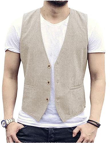 AeoTeokey Gilet estivo da uomo in lino, dallo stile casual e con taglio dritto, beige, XL
