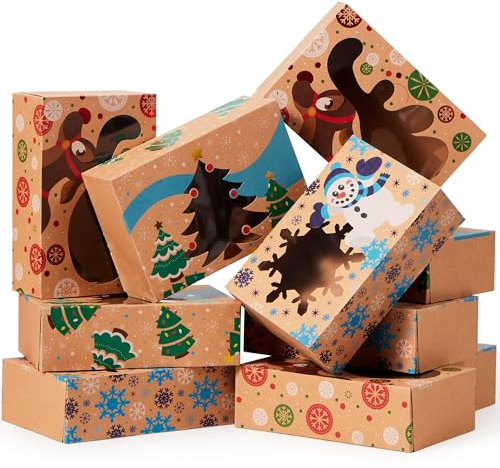 JOYIN Weihnachts-Keksboxen zum Verschenken, 21,6 x 14,6 x 7 cm, Keksdosen mit Fenster, 3 Designs, braune Folie, Kraft-Bäckerei-Boxen für Gebäck, Cupcakes, Brownies, Donut, 12 Stück