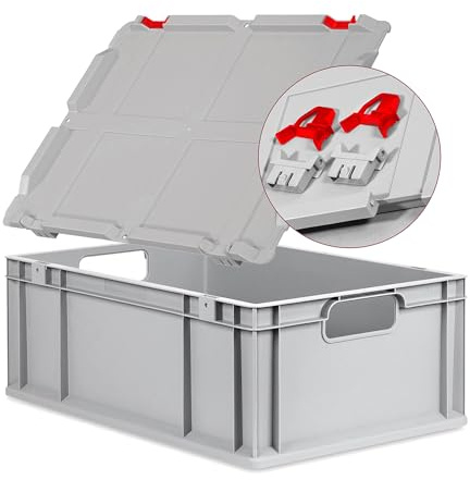 Eurobox NextGen Economy 60x40x22cm Griffe offen mit Scharnierdeckel grau, Kunststoffbox 44 Liter, Transportbox Lagerbox Campingbox stapelbar, Farbe Deckel-Verschlüsse wählbar (Verschluss Rot)