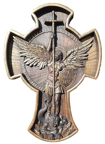 RUDFUZ Arcángel Miguel Cruz San Miguel Arcángel Estatua religiosa para decoración de pared de dormitorio, figuras cristianas de madera para regalo