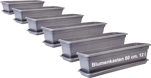 2friends Balkon Blumenkasten Set 60cm, 6er-Pack, mit Untersetzer, Kunststoff, EU-Fertigung, Anthrazit