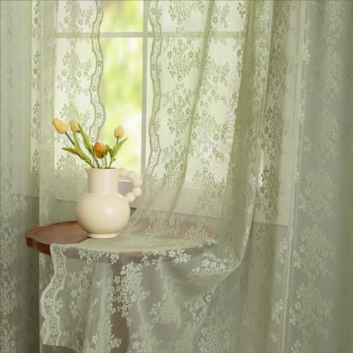 YJ YANJUN Sage Green Sheer Curtains 72 Inch Long 2 Panels Set Floral Patterned Boho Net Curtains Boy Girl Baby Lace Gauze Curtain for Bedroom French Door Sliding Door 6 FT Length