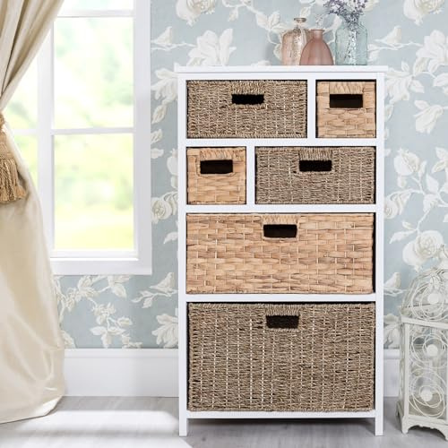 Statement Furniture Tetbury Large White Storage Unit with 6 Mixed Size Drawers | Modern Wicker Storage Chest of Drawers for Hallway Home Office Living Room | Fully Assembled