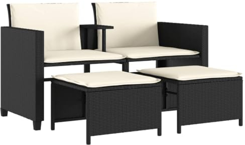 vidaXL Trädgårdssoffa 2-sits med bord och pallar svart konstrotting, trädgårdsmöbel, 2-sitssoffa, utemöbler, trädgårdsmöbler, utomhusmöbel, utemöbel