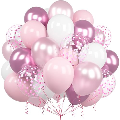Ousuga Globos Rosas Blancos, 60 Piezas 12 Pulgadas Globos Rosa Blanco Pastel Rosa Metálico Globos Látex Confeti para Niñas Mujer Fiesta Cumpleaños Boda Baby Shower Bautizo Aniversario Decoración