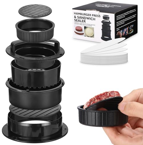 FAOKZE Burgerpresse, Burger Pattie Presse 4 in 1 Set, gefüllte Burger Sandwichschneider, Fleisch Rindfleisch Gemüse Hamburger-Pattiform mit 200 Stück Wachspapier-Discs.,Schwarz