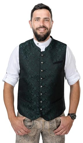 Schöneberger Traditionell kostym väst herr mörkgrön, läderbyxor, traditionell jacka, lodväst för oktoberfest, jacquardväst, Bastian, Mörkgrön, 58