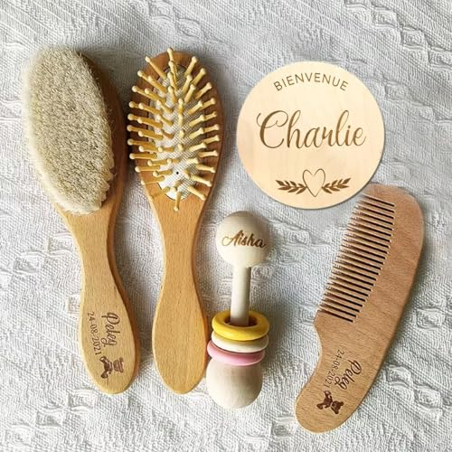 5 Set Personalisierte Babyhaarbürste Aus Holz Mit Eingraviertem Namen, Individuelle Babybürste, Babyparty-Geschenk, Haarbürste Und Kamm Aus Holz For Neugeborene, Andenkengeschenk For Babyparty